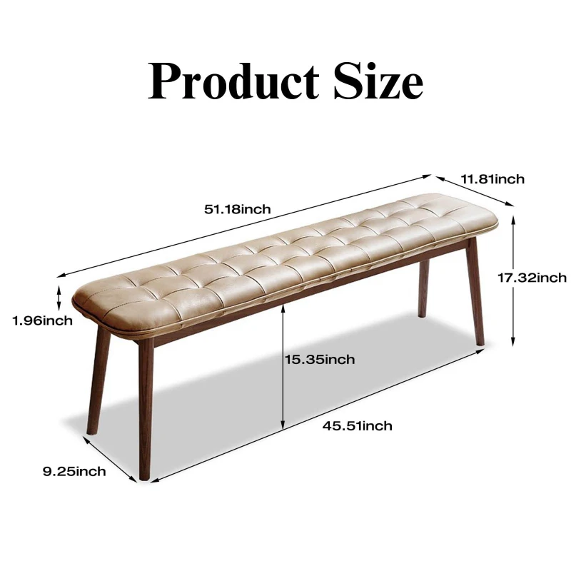Solid Dining Bench with Top-Grain Leather Upholstered Seat, Multipurpose Stool for Dining, Entryway, 51″ L x 12.5″ W x 17.5″ H, Khaki+Brown