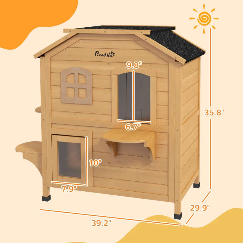 PawHut 2-story Cat House Outdoor, Weatherproof Wooden Cat Enclosure for Feral Cats with Escape Door, Openable Roof, Jumping Platforms, Natural