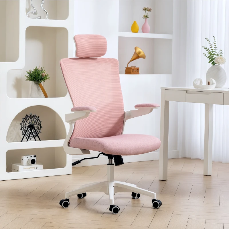 HOMCOM Ergonomic Office Chair, Swivel Desk Chair with Adjustable Lumbar Support, Headrest and Height, Flip-up Armrests, Pink