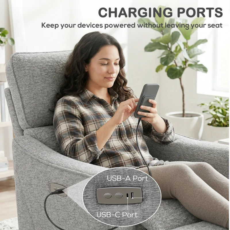 HOMCOM Power Recliner Chair, Chenille Upholstered Recliner Chair with USB Ports, Footrest, Grey