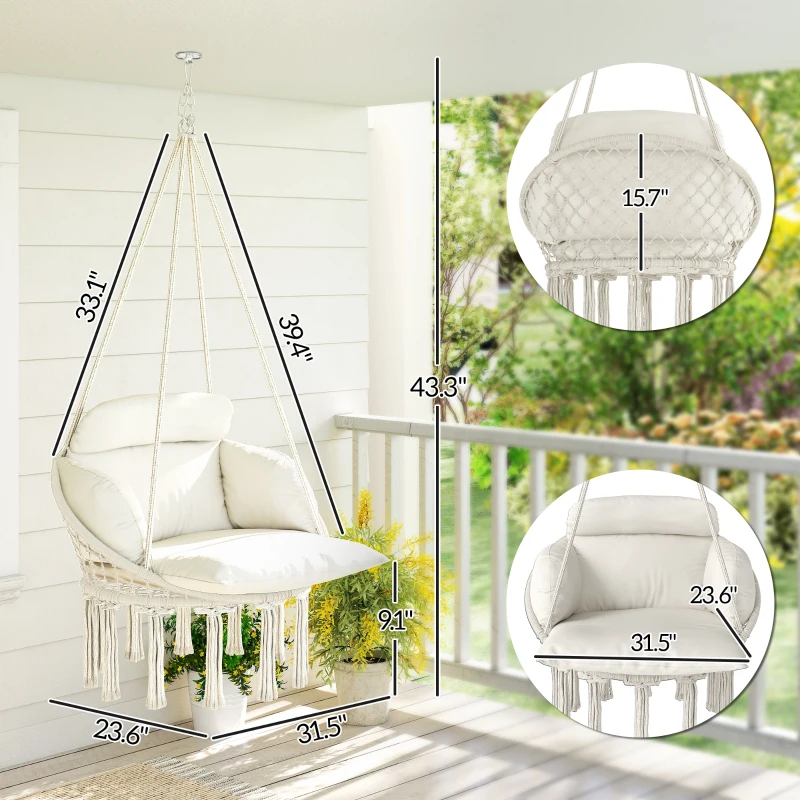 Outsunny Hammock Swing Chair, Macrame Hanging Chair with Large Cushion, Chain, Steel Frame for Indoor Outdoor Use, Cream White