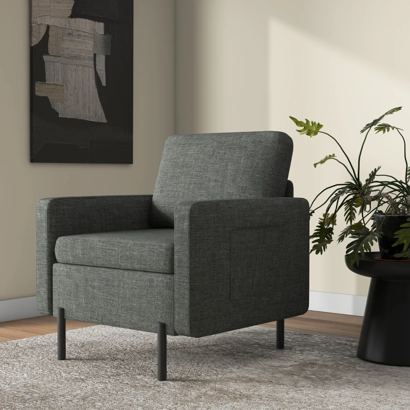 HOMCOM Armchair, Fabric Accent Chair, Modern Living Room Chair with Metal Legs, 2 Side Pockets for Bedroom, Grey