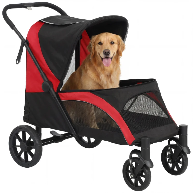 PawHut Foldable Pet Stroller for Large Dogs with Four Big Wheels, Shock-Absorbing Frame, Safety Leashes, Brakes, Black