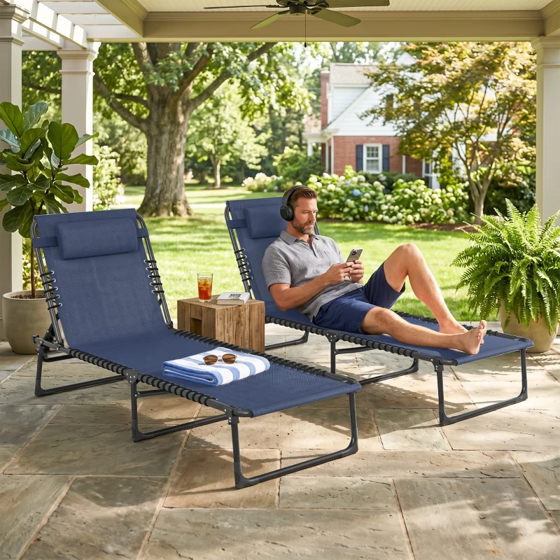 Outsunny 2 PCs Folding Lounge Chair, Adjustable Chaise Lounge with Headrest, Reclining Lounger Cot for Camping, Hiking, Dark Blue