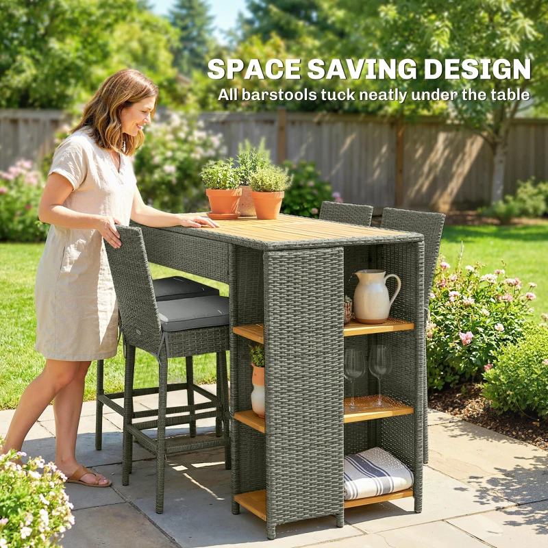 Outsunny 5 Piece Wicker Outdoor Bar Set, Acacia Wood Outdoor High Top Table and Chairs with 3 Tier Shelves, Cushions, Gray