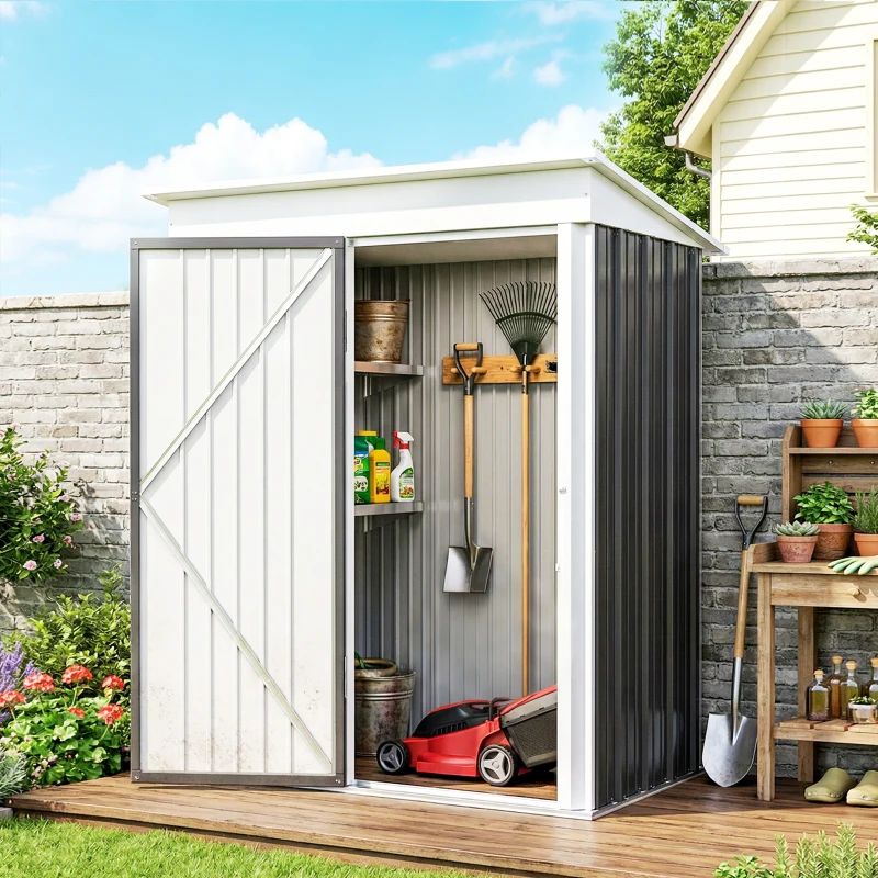 Outsunny Outdoor Sheds Storage, Small Steel Lean-to Shed with Adjustable Shelf, Lock, Gloves, 5' x 3' x 6', Dark Gray