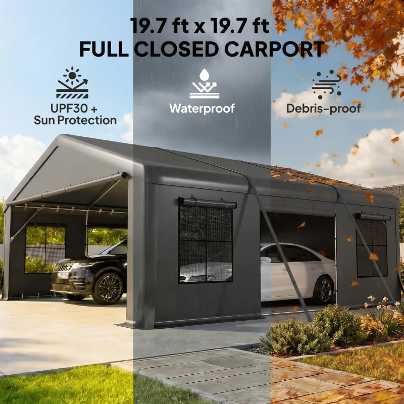Outsunny 20' x 20' Heavy Duty Carport, Portable Garage Car Canopy Tent Shelter with 3 Roll-up Doors, 4 Windows, Dark Gray