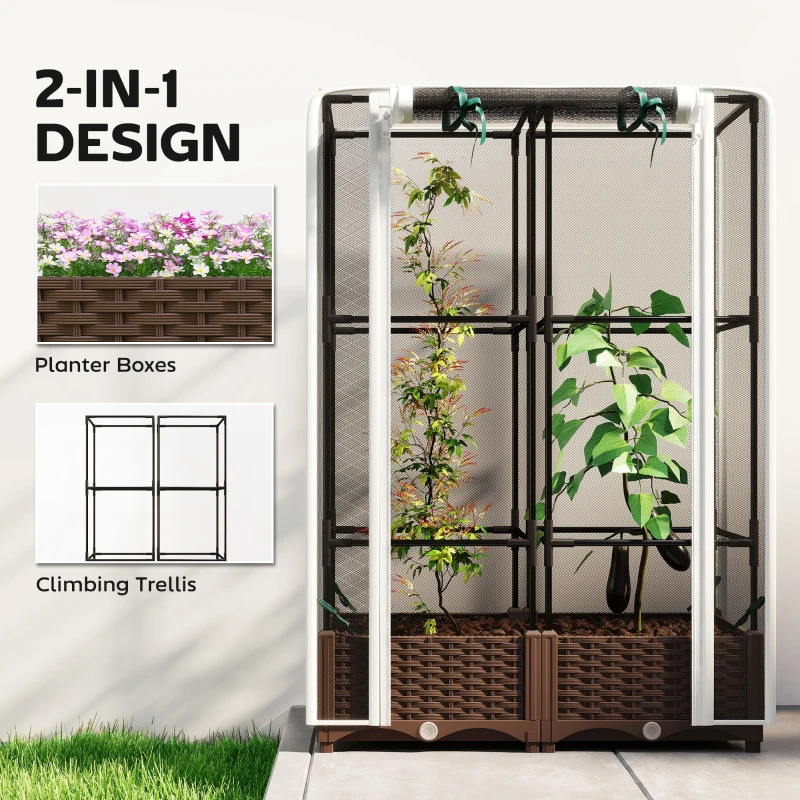 Outsunny Raised Garden Bed with Trellis, 46.5" Tomato Cage with Crop Cage, Self Watering Planter Box with Drainage Holes, White