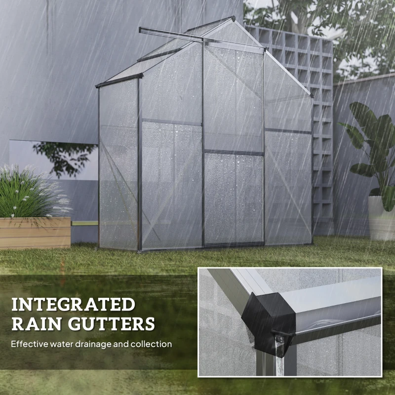 Outsunny 6' x 2.5' Walk-in Polycarbonate Greenhouse Aluminium Green House with Sliding Door, 5-Level Roof Vent, Rain Gutter