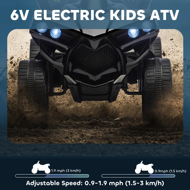 Qaba 6V Kids ATV, 4 Wheeler Electric Ride on Car with Music and LED Headlights, for Ages 37-72 Months Boys and Girls, Black