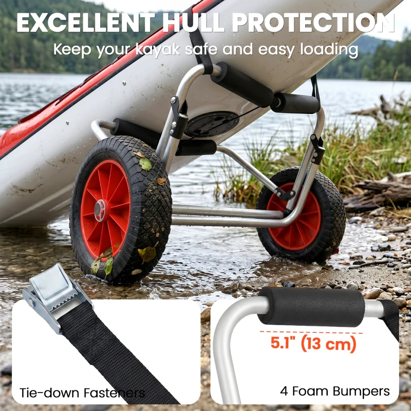 Soozier 198LBS Kayak Cart, Foldable Canoe Trolley Cart, Kayak Trailer with Tie-Down Strap, 10'' No-Flat Wheels and Aluminum Frame, Silver