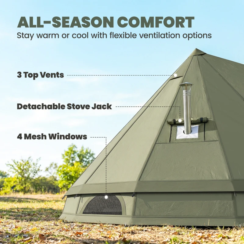 Outsunny Teepee Tent Waterproof Camping Tent with Stove Jack for 4-6 People for Outdoor Camping Hiking Army Green