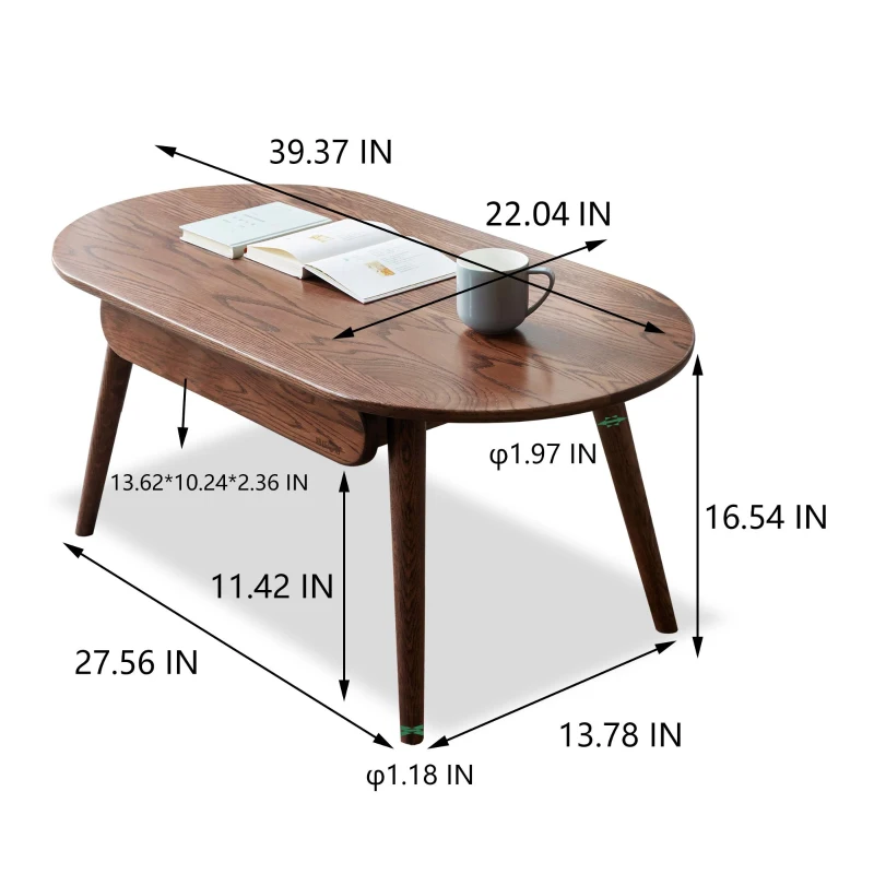 Compact Coffee Table with Storage Drawers and Rounded Edges, Sturdy Center Table with Handle-Free Design, 39.5″ L x 22″ W x 16.5″ H, Oak