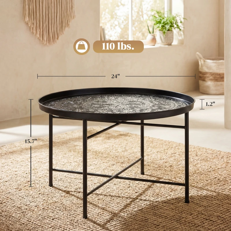 HOMCOM Coffee Table for Living Room, 24" Round Center Table with Hammered Tray Top and Metal Frame for Bedroom, Black