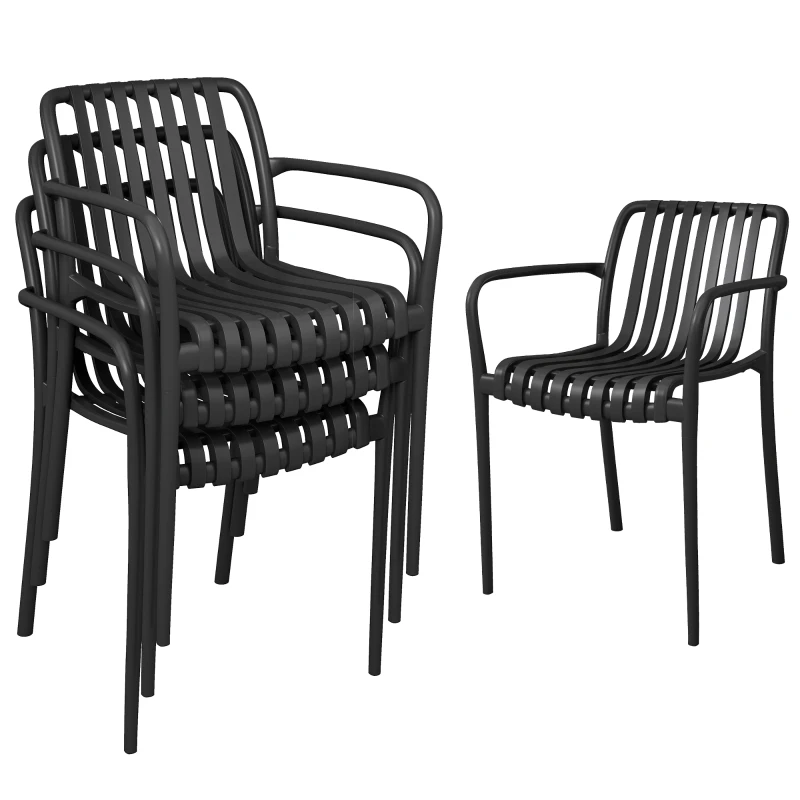 Outsunny Stackable Patio Chairs Set of 4, Outdoor Dining Chairs with Slatted Seat, Curved Backrest, Armrests, Black