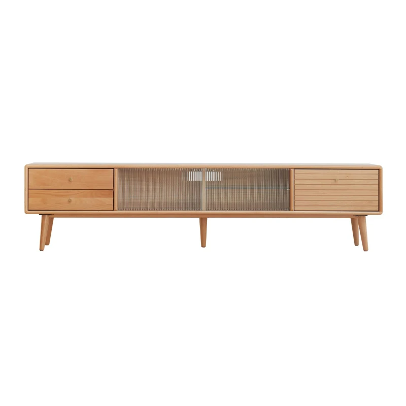 Modern TV Cabinet with High-Quality Glass Doors, Sturdy TV Stand with 2 Pull-Out Drawers, 71″ L x 12.5″ W x 16.5″ H, Natural Wood