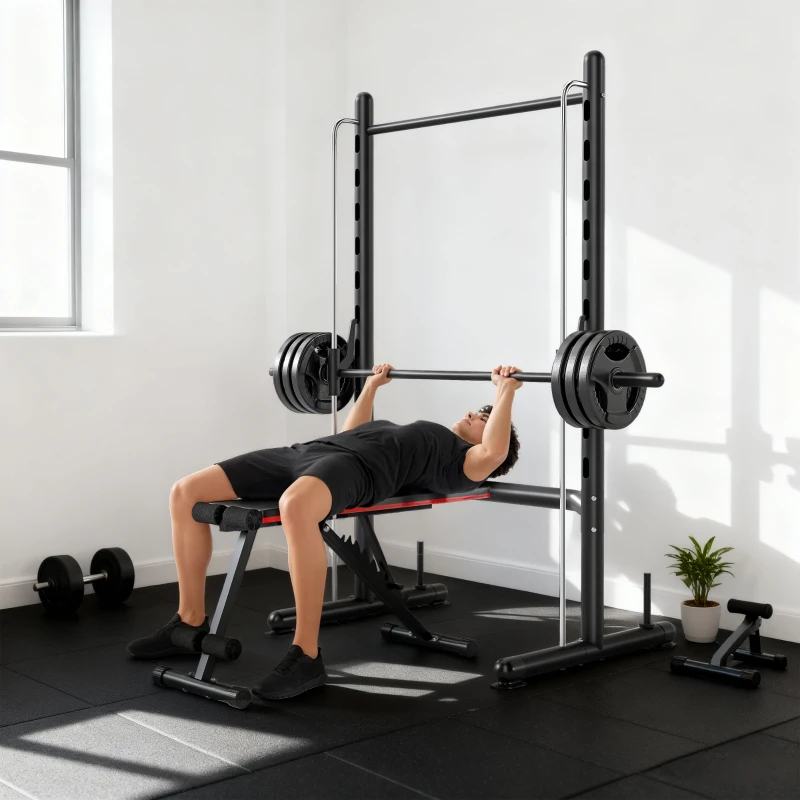 Soozier Squat Rack with Pull Up Bar and Barbell Bar Adjustable Bench Press Multi-Function Weight Lifting Half Rack Black