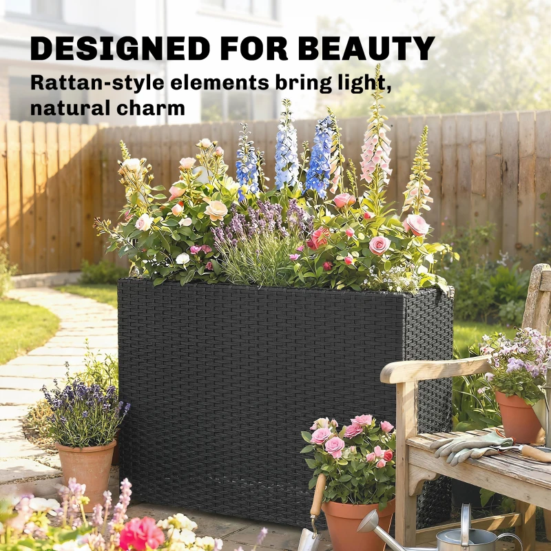 Outsunny Tall Rectangular Planter with Removable Liner, Holes, PE Wicker Large Planter Box for Indoor Outdoor Plants, Black