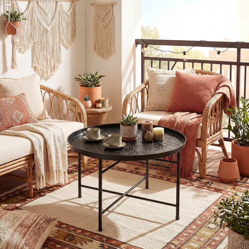 HOMCOM Coffee Table for Living Room, 24" Round Center Table with Hammered Tray Top and Metal Frame for Bedroom, Black