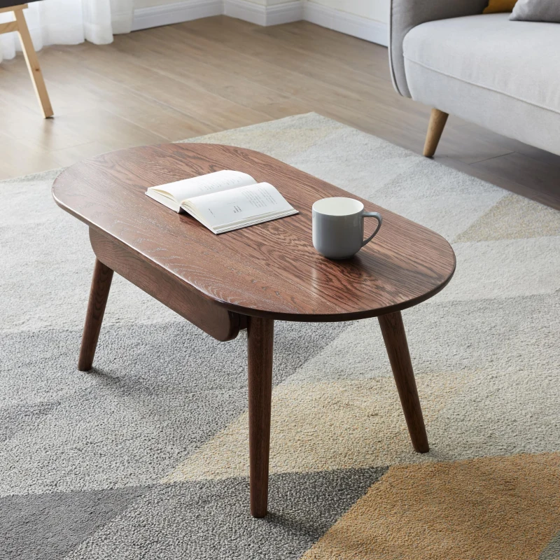 Compact Coffee Table with Storage Drawers and Rounded Edges, Sturdy Center Table with Handle-Free Design, 39.5″ L x 22″ W x 16.5″ H, Oak