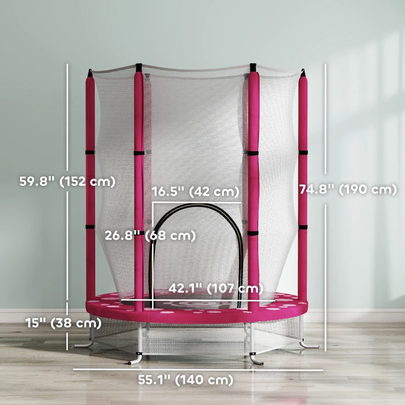 Qaba 55" Toddler Trampoline with Safety Enclosure Net, for Indoor Outdoor Use, Ages 3-6 Years, Pink