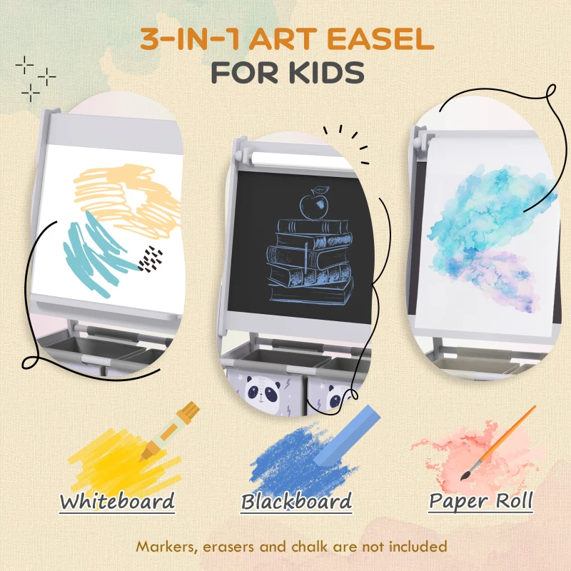 Qaba Art Easel for Kids with Paper Roll, Blackboard, Whiteboard, Storage