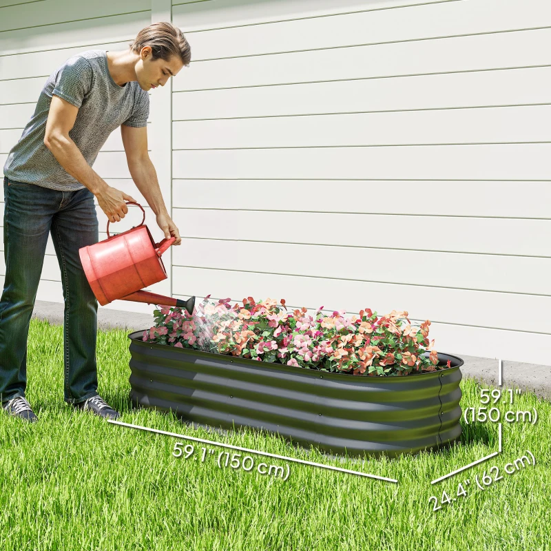 Outsunny 4.9 x 2 x 1ft Galvanized Raised Garden Bed Kit, Metal Planter Box with Safety Edging, Dark Grey