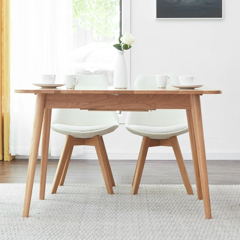 Extendable Dining Table with Telescopic Farmhouse Design, Sturdy Center Table with Rounded Corners, 63″ L x 31.5″ W x 29.5″ H, Light Oak