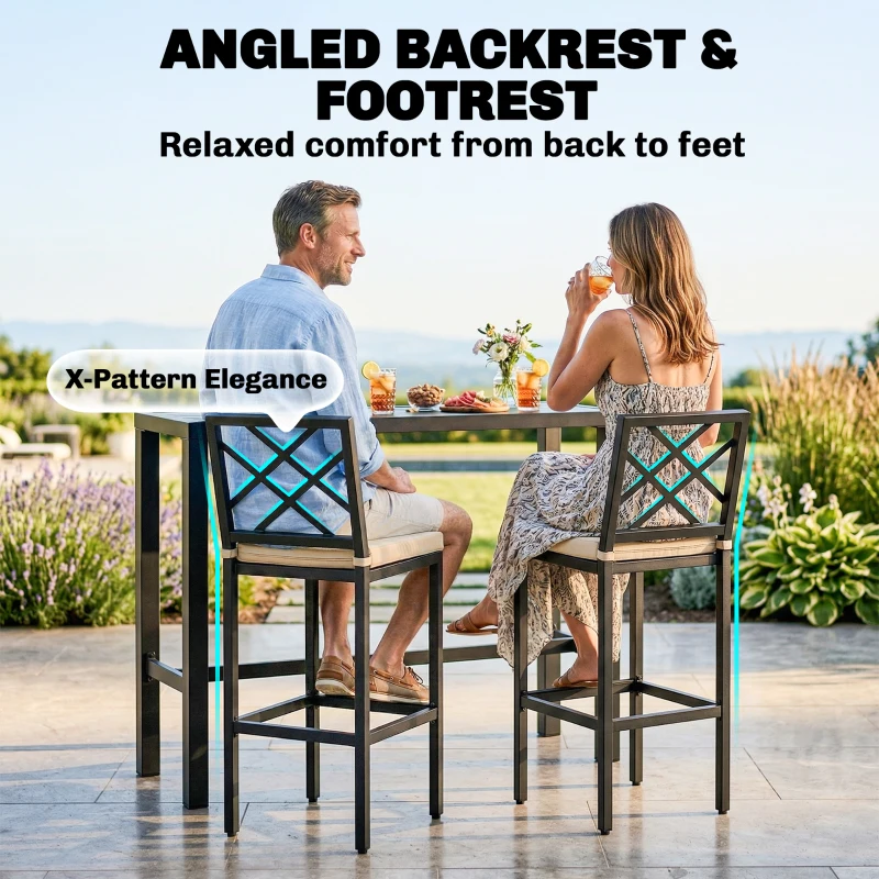Outsunny 3 Piece Patio Bar Set, Outdoor Bar Table and Stools, Electrophoresis Steel Tabletop, X Back, Footrest, Cushions, Khaki