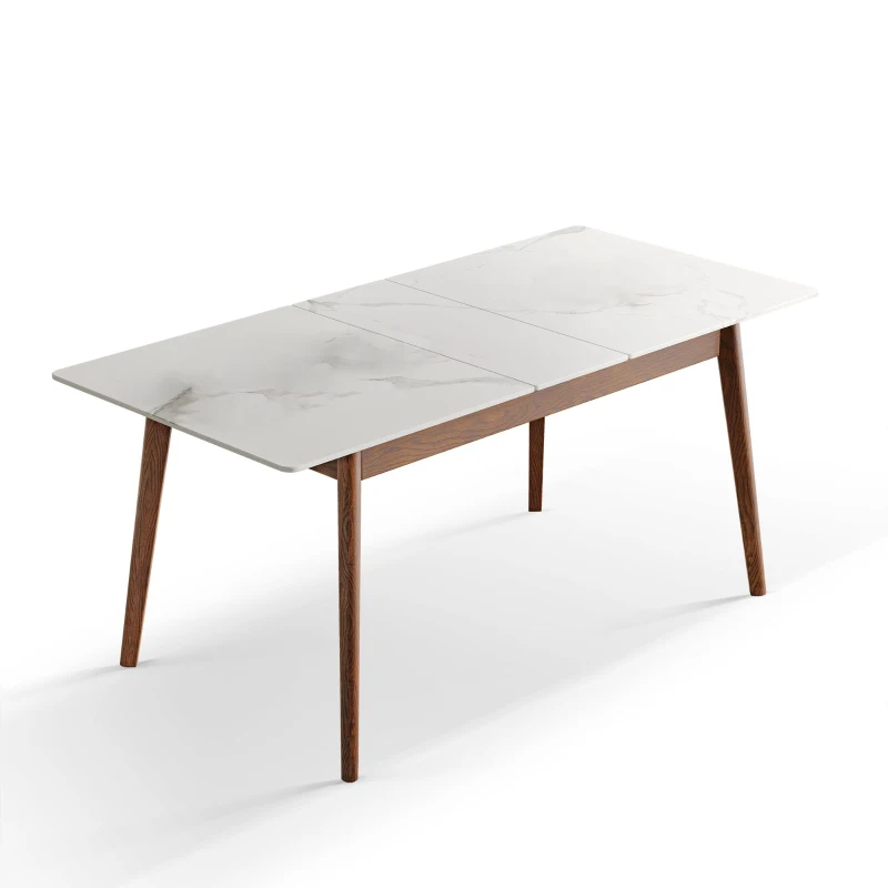 Extendable Dining Table with Stone Slab Tabletop, Sturdy Kitchen Table with Rounded Corners, 59″ L x 31.5″ W x 29.5″ H, White+Walnut