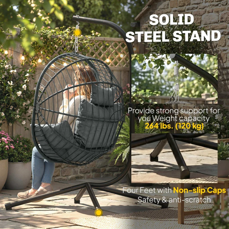 Outsunny Metal Stand Hanging Egg Chair, with Full Body Padded Seat - Grey