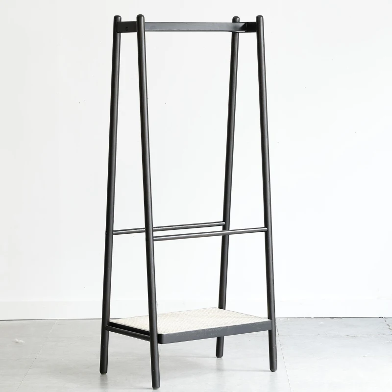 Solid Oak Clothes Rack with Handcrafted Rattan Hangers, Standing Garment Rack for Clothes, Bags & Shoes, 27.5″ L x 18″ W x 65″ H, Black