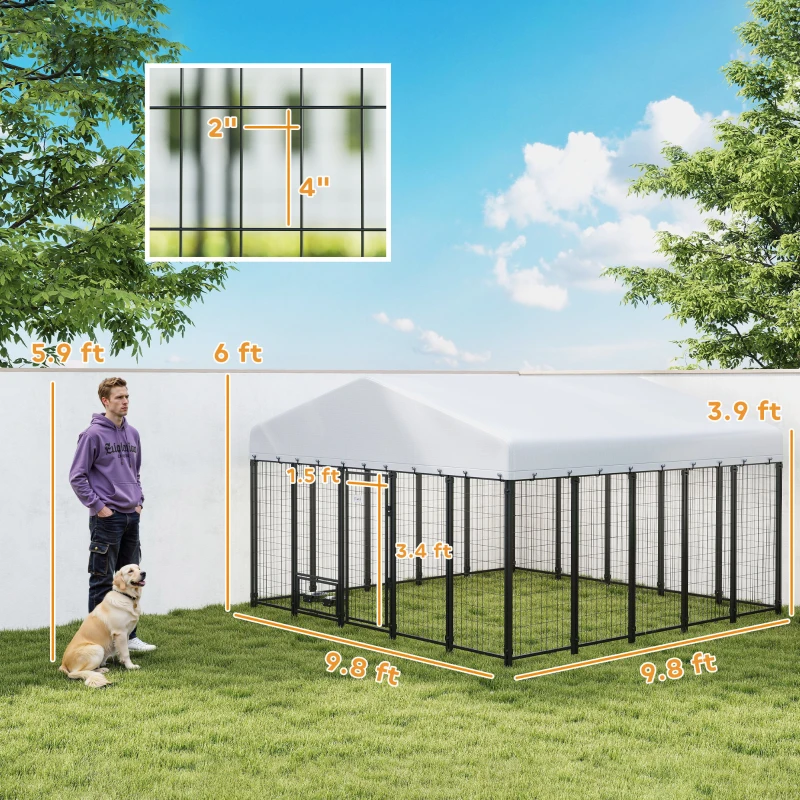 PawHut 9.8' x 9.8' x 6' Outdoor Dog Kennel, Dog Kennel Outside Run with 360° Rotating Bowls, Waterproof & UV Resistant Cover
