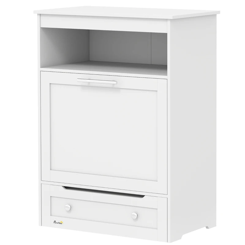 PawHut Pet Feeder Station Storage Cabinet, Dog Food Storage Container with Dog Raised Bowls, Watering Supplies, White