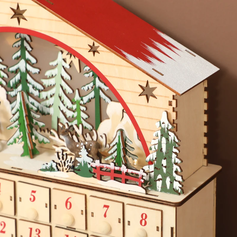 HOMCOM Christmas Advent Calendar with 24 Countdown Drawers and LED Lights, Wooden Advent Calendar House, Battery Operated