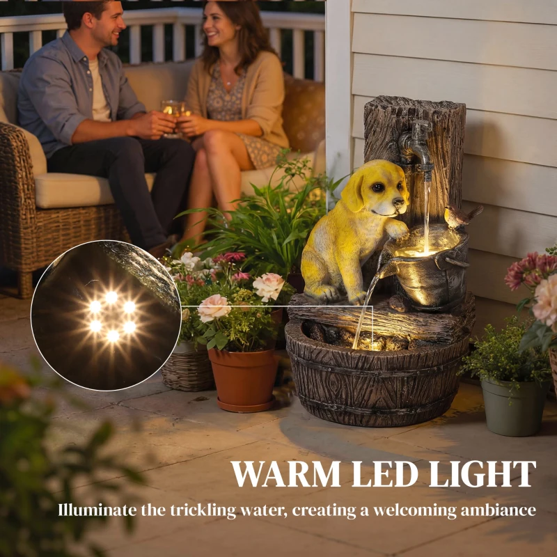 Outsunny 22" Outdoor Fountain with 3-Tier Puppy Theme, Resin Garden Fountain with LED Lights, Adjustable Flow, Rustic Brown