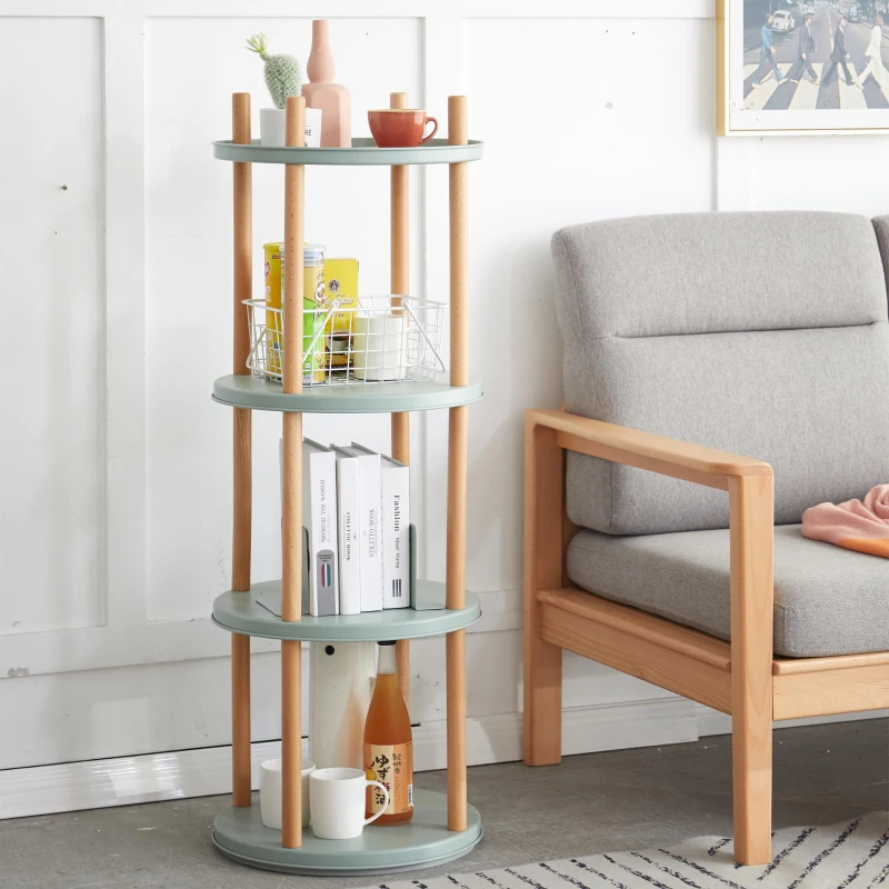 4-Tier Rotating Bookcase with Solid Beech Support Rod, Space-Saving Bookshelf with 6 Bookends, 16.5″ L x 16.5″ W x 33″ H, Blue