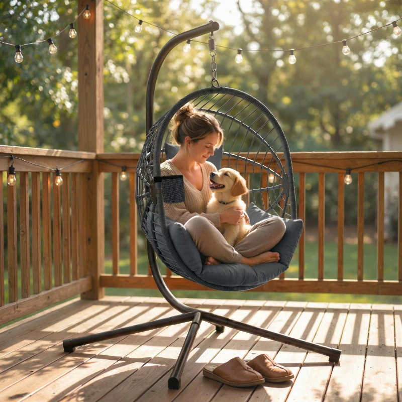 Outsunny Metal Stand Hanging Egg Chair, with Full Body Padded Seat - Grey