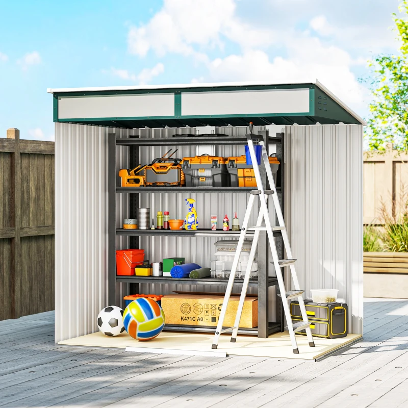 Outsunny 6.5x4FT Galvanised Metal Shed with Foundation Kit, Lockable Garden Tool Storage House with Sliding Doors, Vents, Green