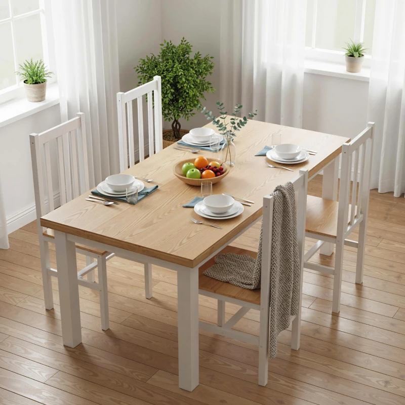 HOMCOM Farmhouse Dining Table Chairs, Set of 4 Pine Wood Kitchen Table Chairs with Slat Back for Living Room, Bedroom, White