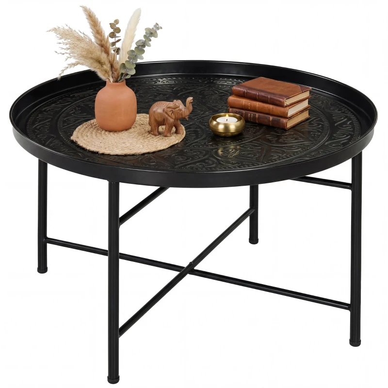 HOMCOM Coffee Table for Living Room, 24" Round Center Table with Hammered Tray Top and Metal Frame for Bedroom, Black