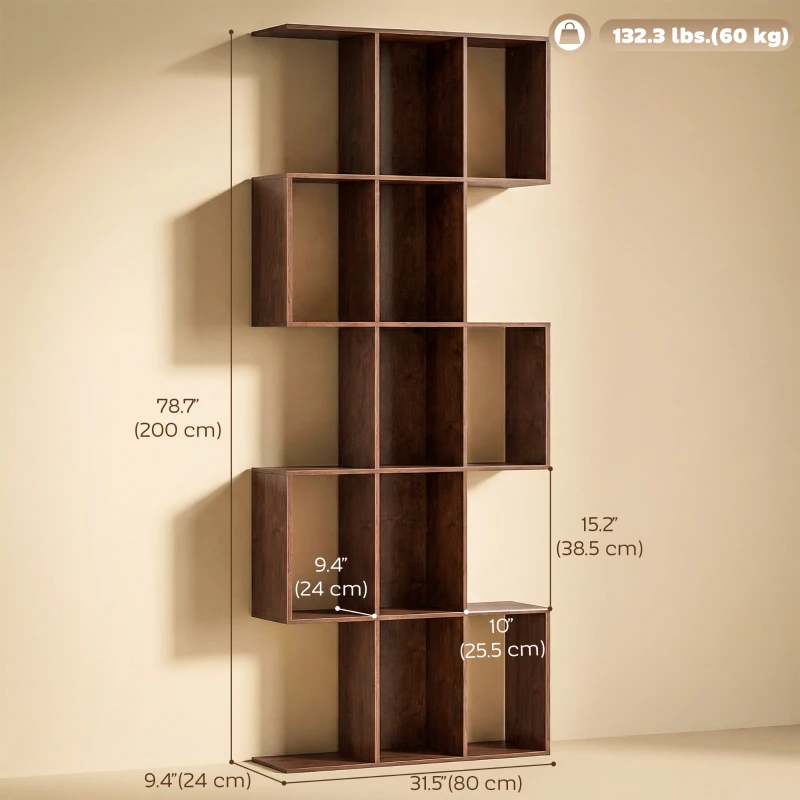 HOMCOM 5-Tier Bookshelf, S Shaped Geometric Bookcase with 15 Compartments, Brown Wood Grain