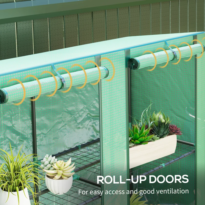 Outsunny Lean-to Greenhouse with 3 Tier Shelves, Portable Greenhouse with PE Cover, 2 Roll-Up Doors, 56.7" x 18.9" x 59.8", Green