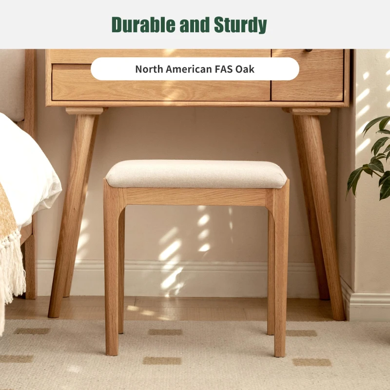 Solid Stool with Stain-Resistant Fabric & High-Density Foam, Space-Saving Bench for Vanity or Bedroom, 16.5″ L x 12″ W x 16.5″ H, Natural