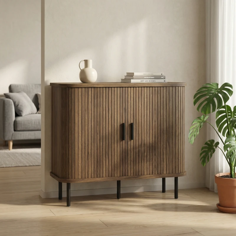HOMCOM 35.4" Sideboard Buffet Cabinet with Storage, Nordic Coffee Bar Cabinet with Slatted Tambour Doors and Metal Legs, Walnut