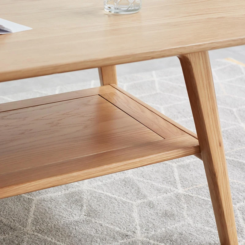 Sturdy Coffee Table with 2-Tier Storage Shelf & Wood‑Grain Top, Safe Center Table with Rounded Corners, 39.5″ L x 19.5″ W x 17.5″ H, Oak