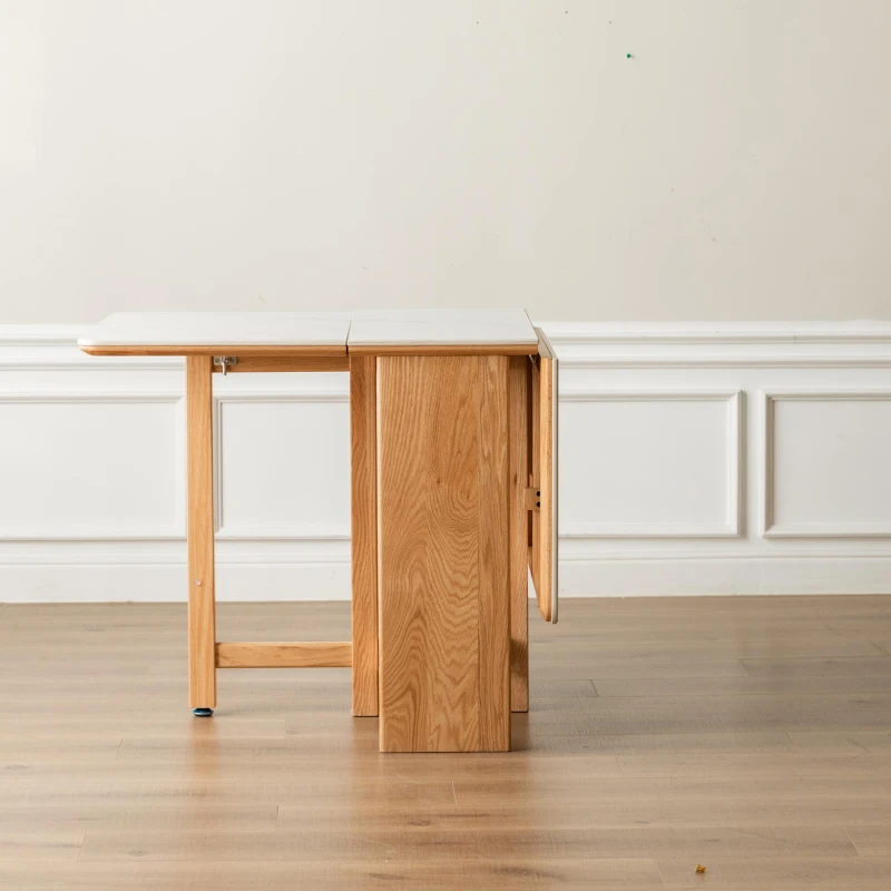 Solid Oak Extending Dining Table with Faux Rock Slab Top, Space-Saving Kitchen Table for 4-6 People, 559″ L x 31.5″ W x 29.5″ H, Light Oak