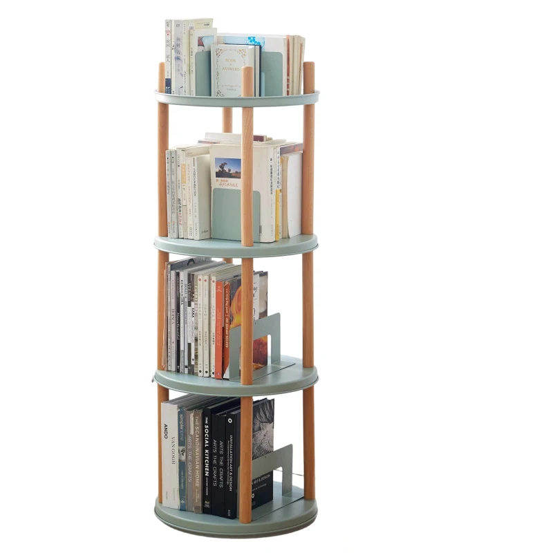4-Tier Rotating Bookcase with Solid Beech Support Rod, Space-Saving Bookshelf with 6 Bookends, 16.5″ L x 16.5″ W x 33″ H, Blue