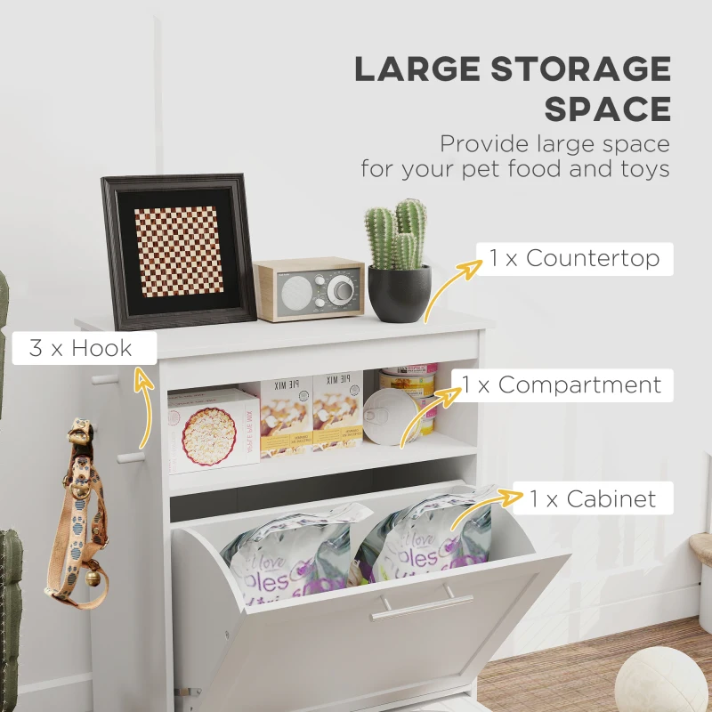 PawHut Pet Feeder Station Storage Cabinet, Dog Food Storage Container with Dog Raised Bowls, Watering Supplies, White