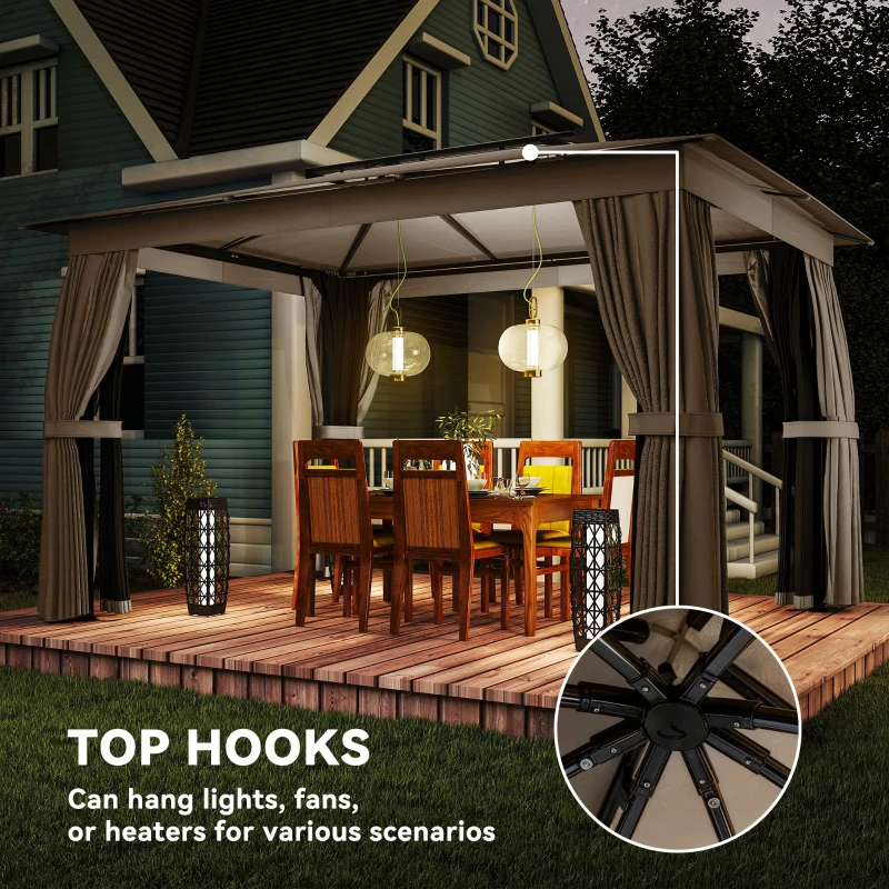 Outsunny 10' x 12' Outdoor Patio Gazebo, Soft Top Gazebo Canopy Shelter with Curtains, Netting, Steel Frame, Hooks, Khaki
